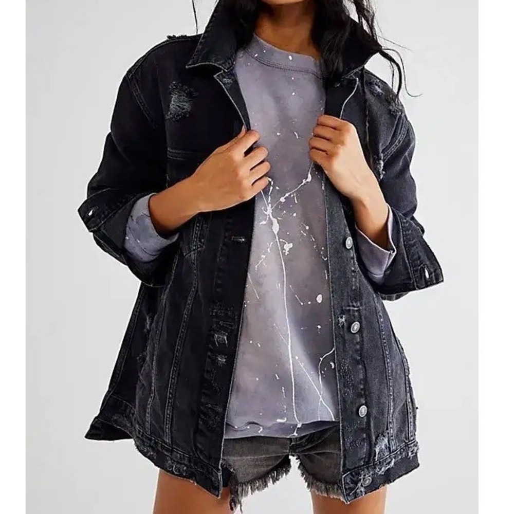 We The Free People Destroyed Long Lean Trucker Jacket Washed Black Denim Size M